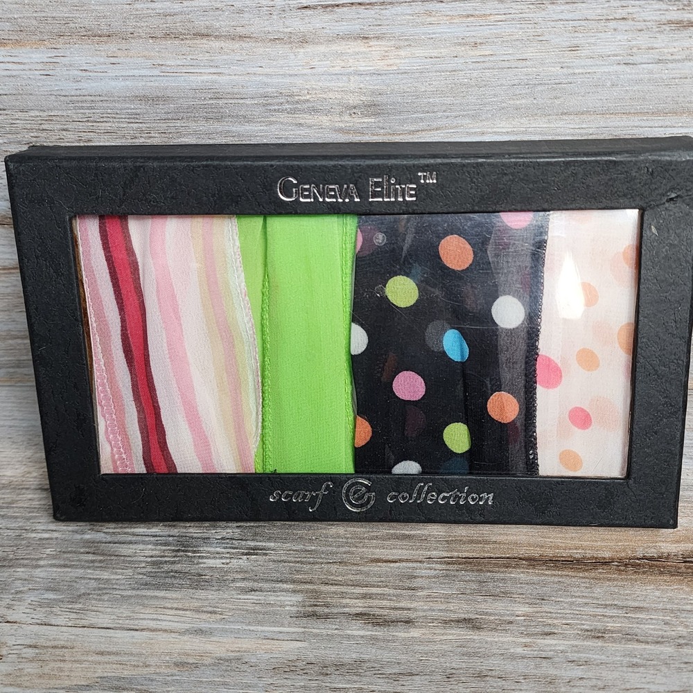 Geneva Elite Scarf Collection Boxed Set 4 Piece Polka Dot Striped Solid Sheer